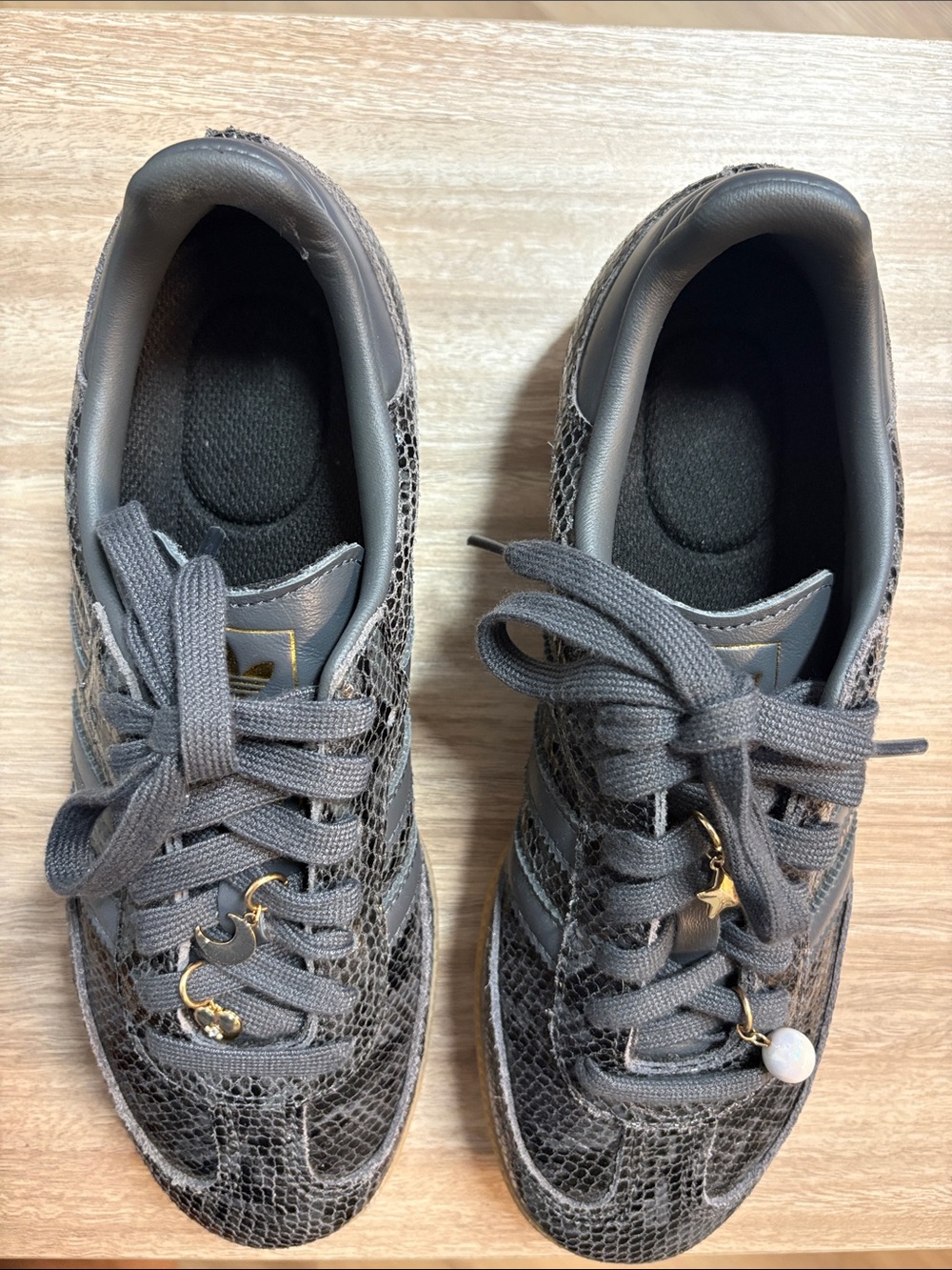 Gray Snake-Print Lace-Up Adidas Simba Sneakers with Gold Charms